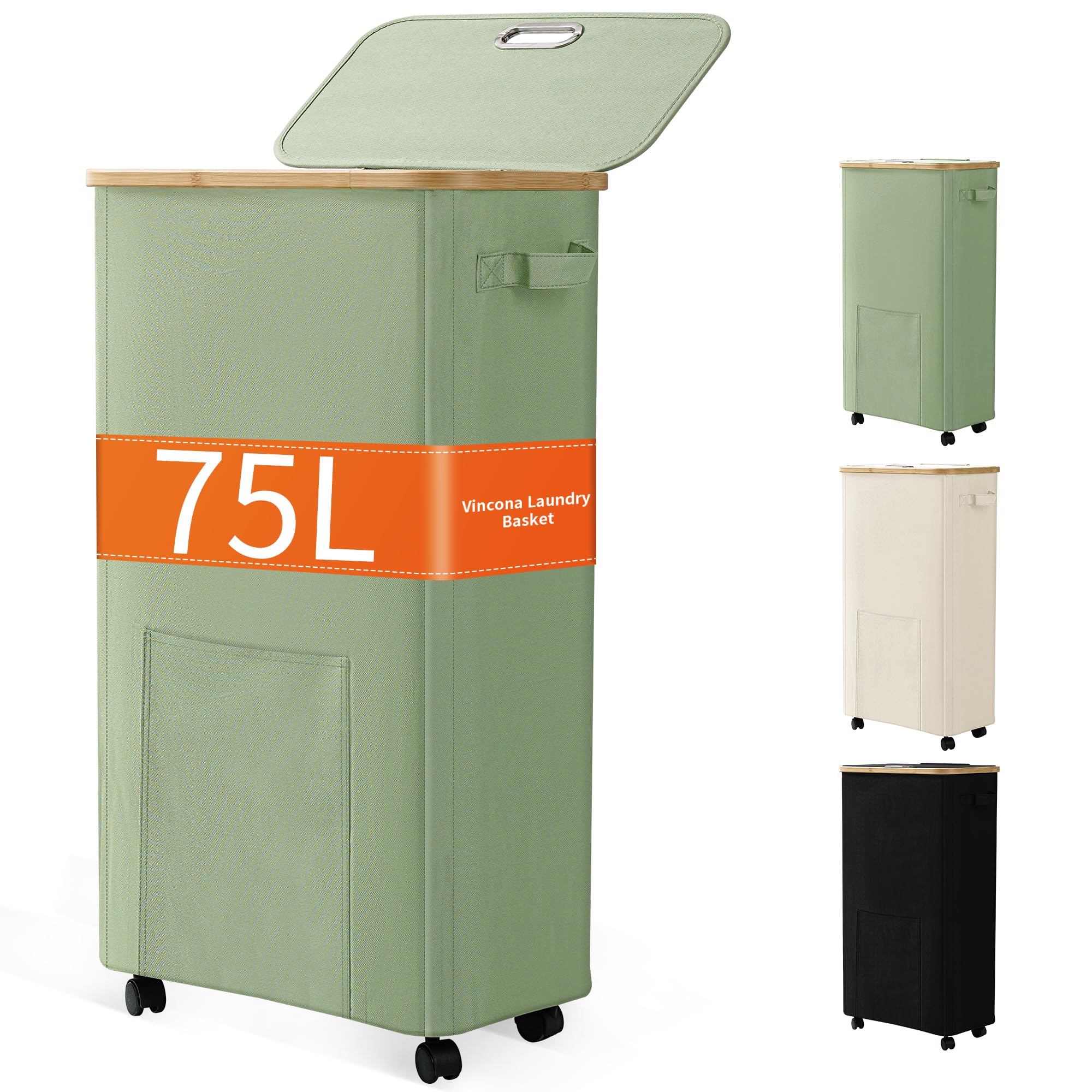 Photo 1 of Vincona Laundry Basket with Wheels, Dirty Clothes Hamper on Wheels, Rolling Tall Laundry Hamper with lid for Laundry Room, Dorm and Bathroom, 75L Sage Green