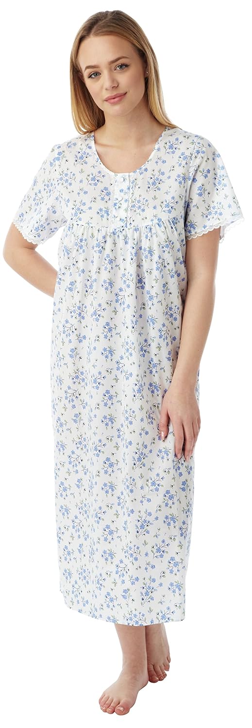 Ladies Marlon Poly Cotton Floral Sprig LONG LENGTH Nightdress Nightie