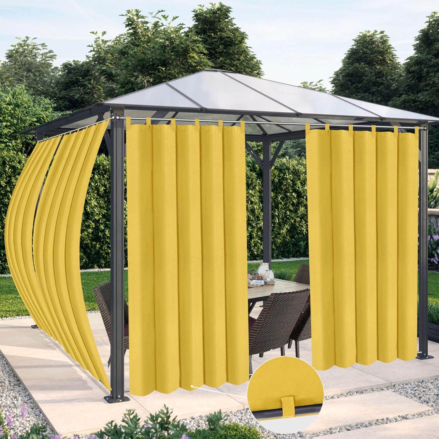 Outdoor Curtains - OutdoorLines Waterproof Outdoor Curtains for Patio - Windproof Tab Top Gazebo Curtain Panels - Privacy Sun Blocking Outside Curtain Set for Porch, Pergola and Cabana 54 x 84 inch, Yellow, 2 Panels