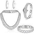 Sasylvia 5 Pcs Hip Hop Jewelry Set with Cuban Link Chain Necklace Bracelet Bling Crystal Diamond Watch Rhinestone Earrings