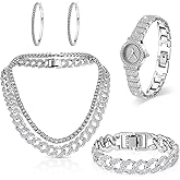 Sasylvia 5 Pcs Hip Hop Jewelry Set with Miami Link Chain Necklace Bracelet Bling Crystal Diamond Watch Rhinestone Earrings (Silver, Women)
