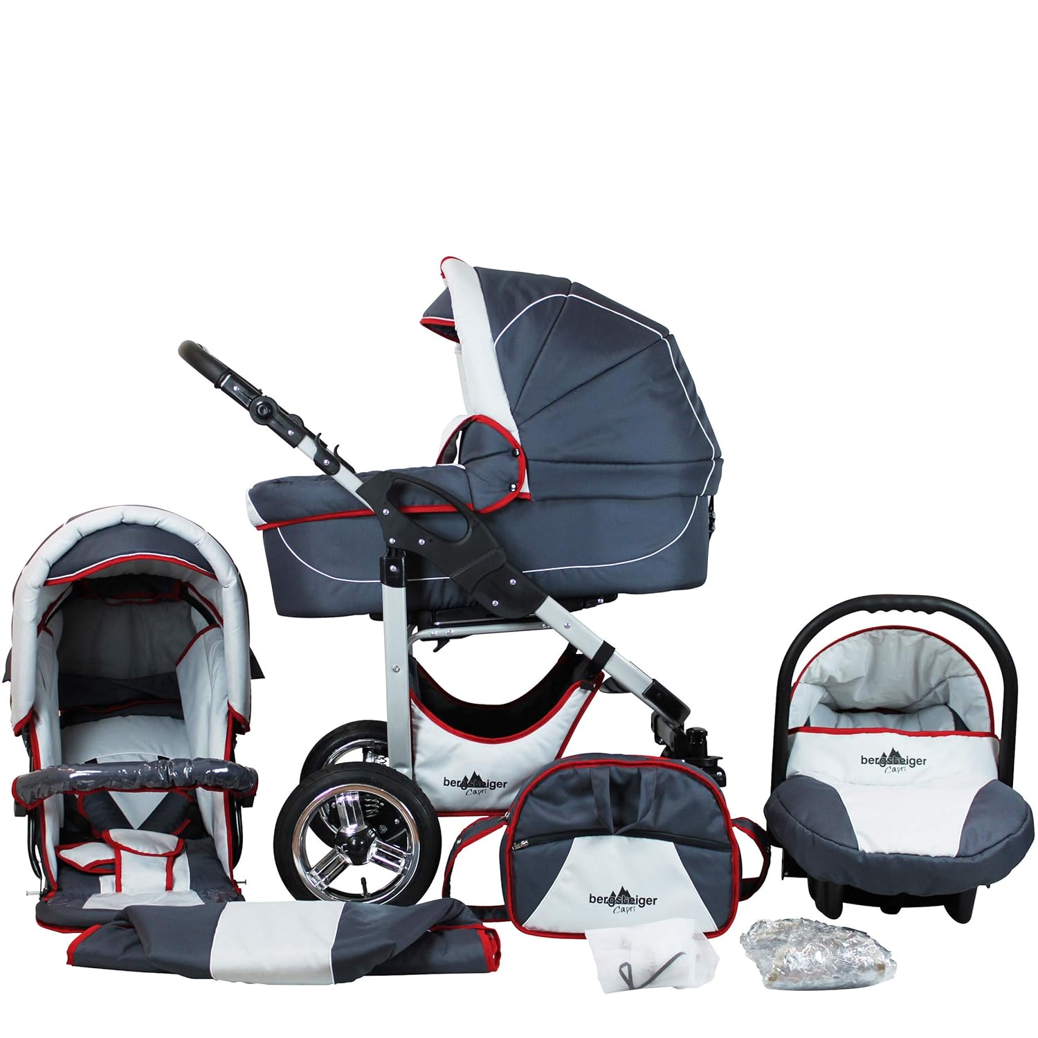 Bergsteiger Capri Kinderwagen 3 in 1 Kombikinderwagen Megaset 10 teilig inkl. Babyschale, Babywanne, Sportwagen und Zubehör