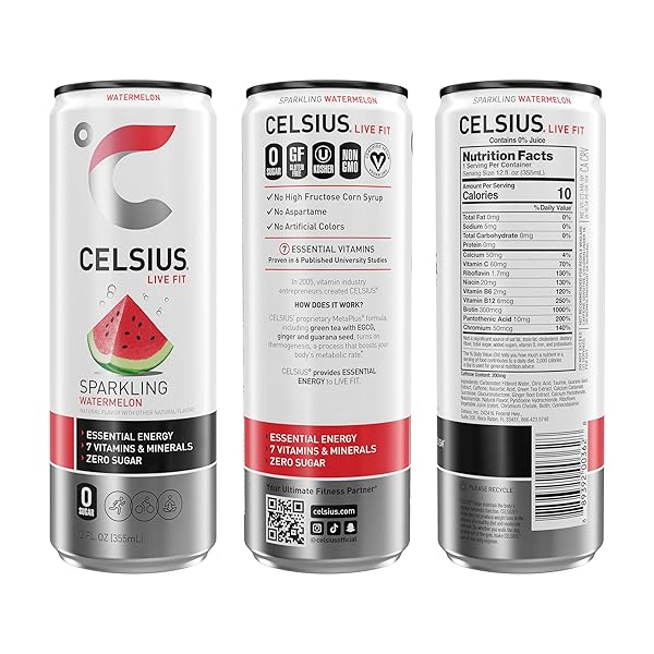 CELSIUS SPARKLING WATERMELON, FUNCTIONAL ESSENTIAL ENERGY DRINK 12 FL OZ (PACK OF 12)
