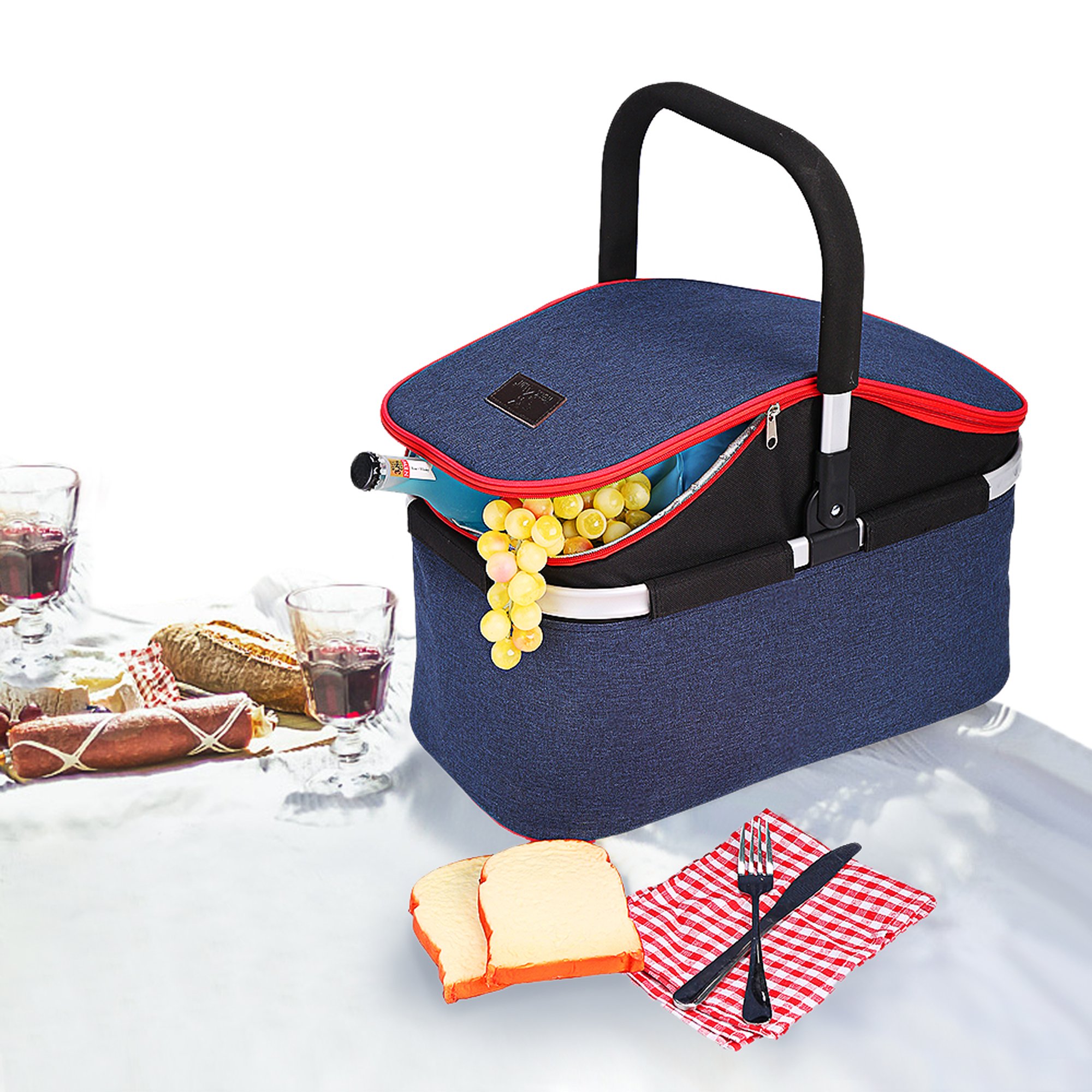 Collapsible Soft Cooler Bag 30L Family Size Insulated Folding Picnic Basket Service for 4 Person’s Food and Drink Keep Hot/Cold/Fresh for Hours Waterproof Insulation Tote With Aluminum Handle-Blue