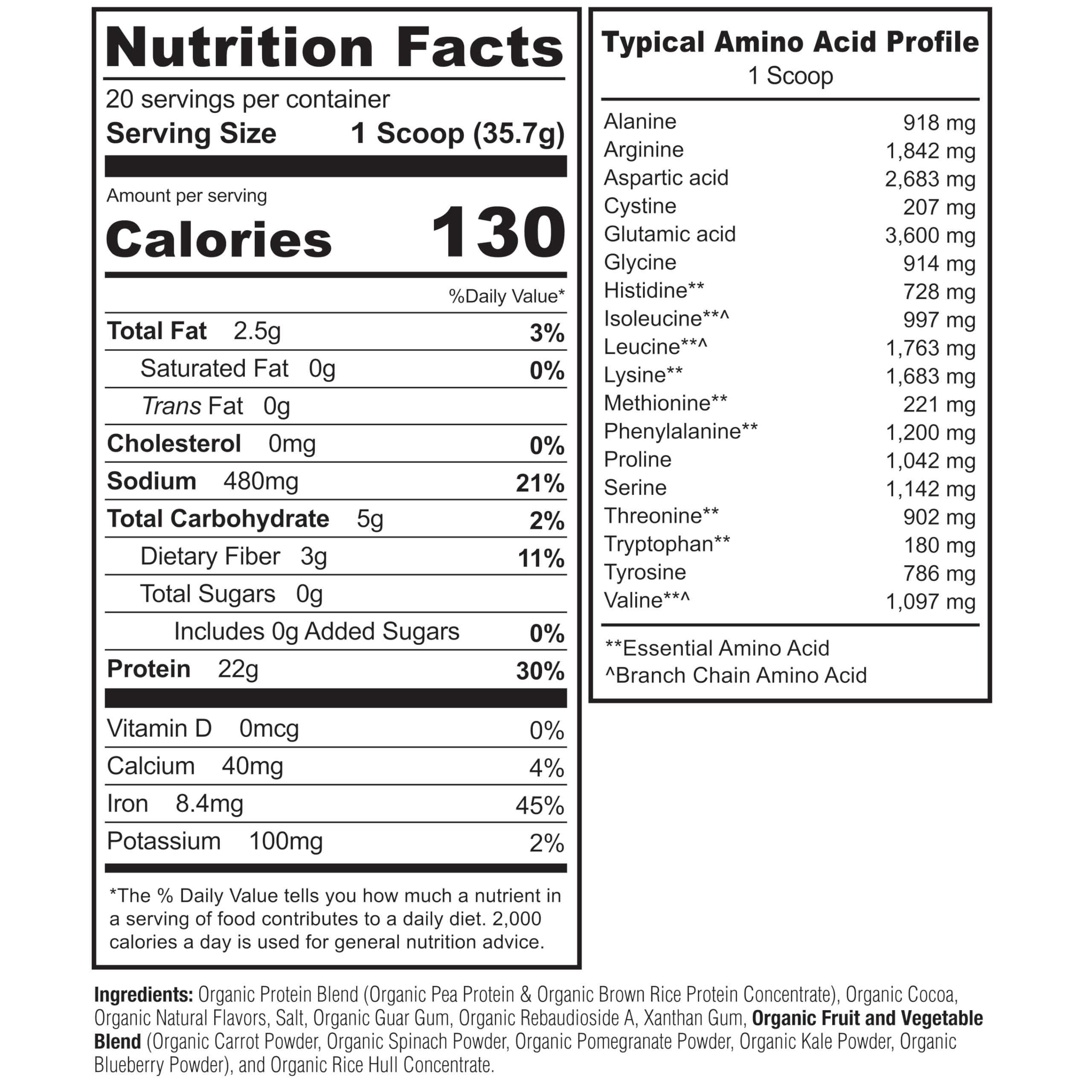NATURELO Plant Protein Powder, Chocolate, 22g Protein - Non-GMO, Vegan, No Gluten, Dairy, or Soy - No Artificial Flavors, Synthetic Coloring, Preservatives, or Additives - 20 Servings