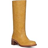 CYNLLIO Knee High Boots Pull on Wide Calf Yellow Tall Boots for Women w/Square Toe Chunky Block Heel Fall Country Slouchy Botas Party Low Heel Walking Shoes