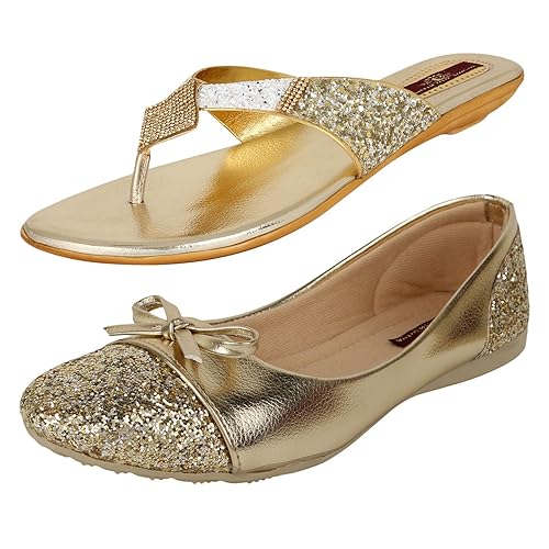 Buy Authentic Vogue Women S Combo Pack Glossy Golden Flat Sandal