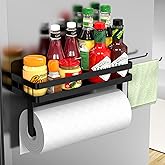 ZUNTO Magnetic Paper Towel Holder for Fridge, Black Kitchen Organizer with Towel Roll Holder, Spice Shelf and 2 Hanging Racks(No Drilling)