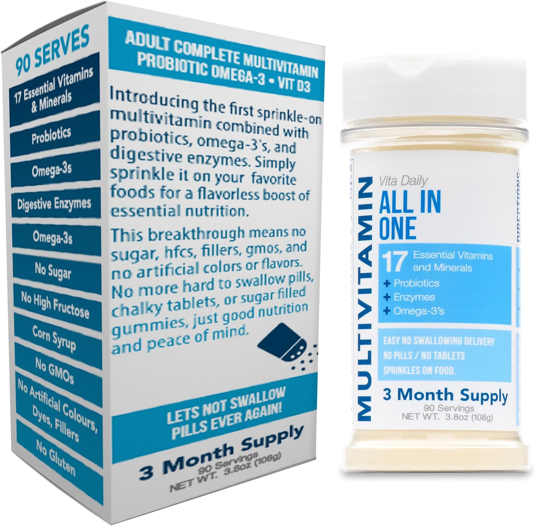 Adult Multivitamin Sprinkle - Never Swallow Pills Again - Sprinkles on Food - 18 Vitamins and Minerals - 4 Bil Probiotics - 90 Day Supply