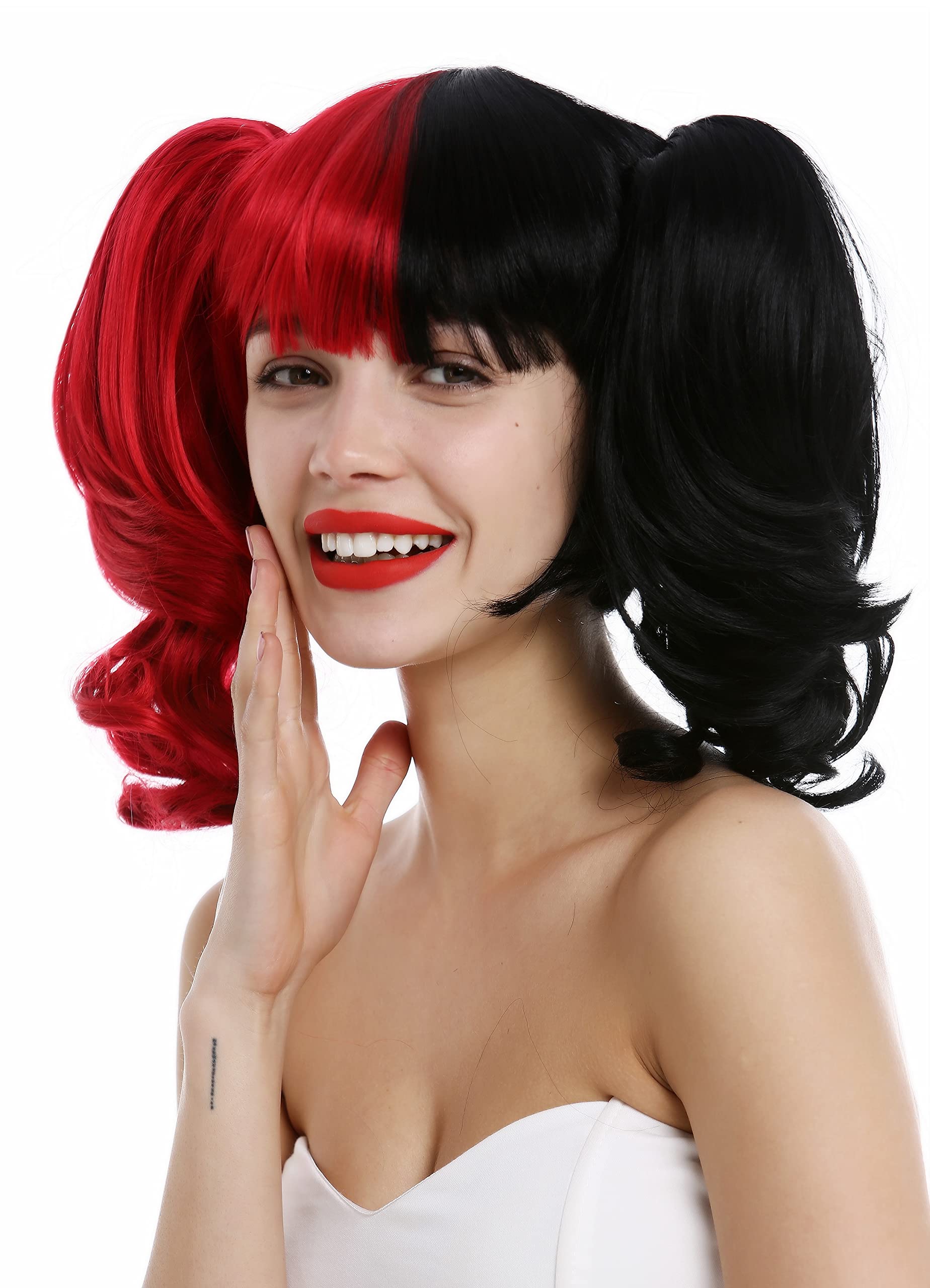 WIG ME UP - ZM-1189 Lady quality wig set Gothic Lolita Harlequin Cosplay 2 removeable long wavy pigtails with claw clamps half red half back
