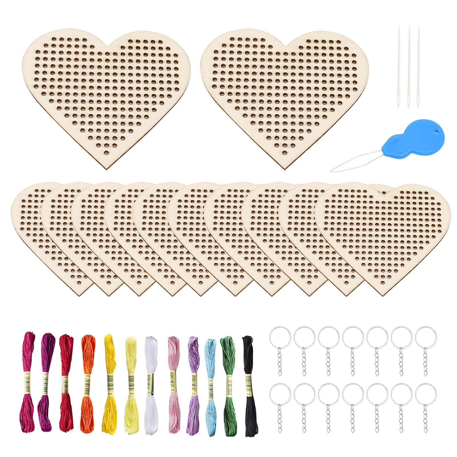 CYUaoao 12 Pack Wooden Cross Stitch Set DIY Heart Shaped Wooden Keychain Embroidery Starter Set Cross Stitch Kit for Beginners Kids Teenagers DIY Art Craft