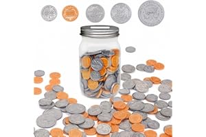 Mczxon Play Money Coins for Kids, 250pcs Detailed Fake Money Coins with Coin Mason Jar, Realistic Teaching Pretend Money Coins Set, Plastic Toy Prop Money Coins for Kids Learning Education