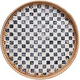 14-inch Rattan Checkered Tray with Mother of Pearl, Round Coffee Table Tray Decor, Round Wicker Boho Decorative Woven Serving Tray (Checkerboard)