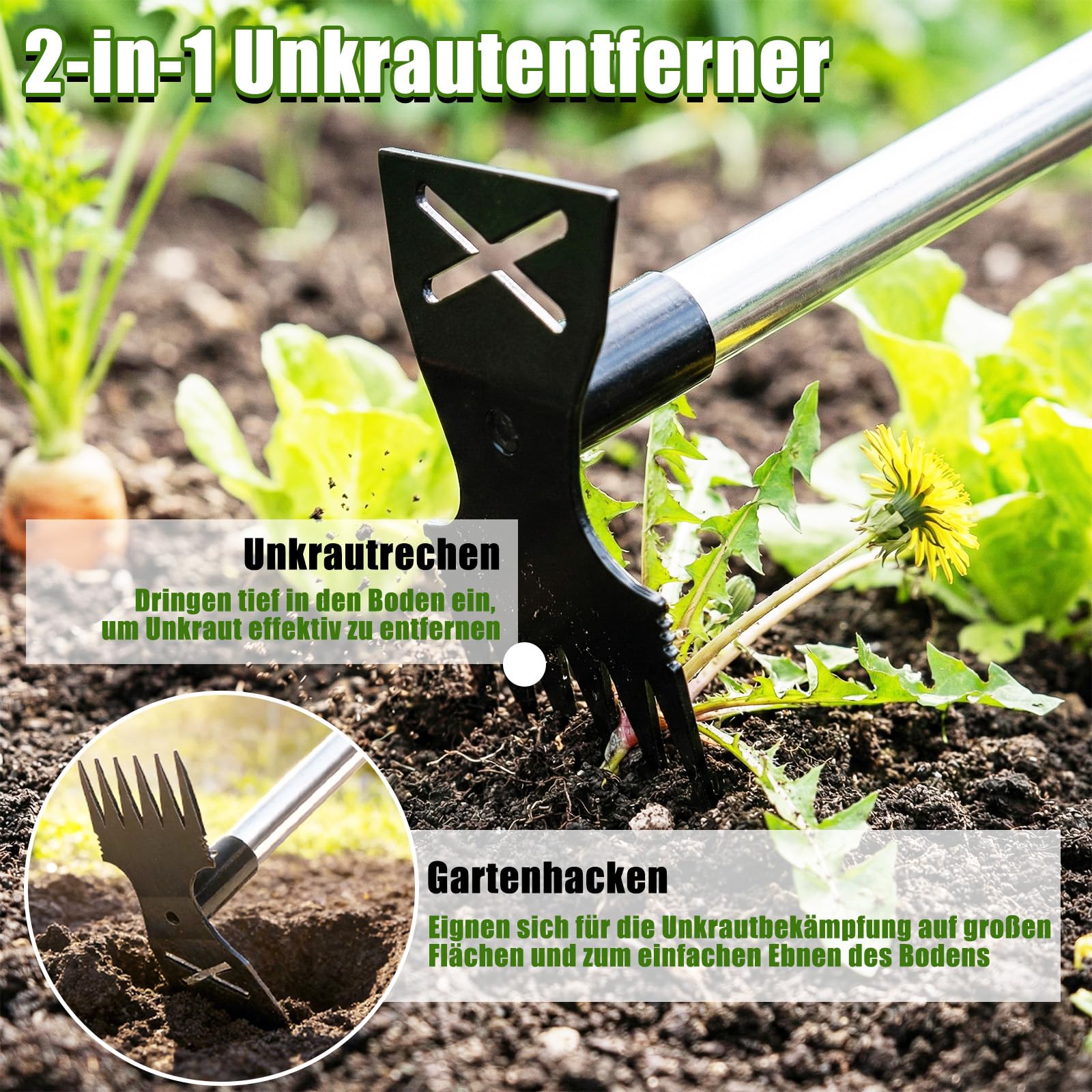 YL Unkrautstecher mit Länge Stiel 1.47 m, 2 in 1 Manuell Gartenhacke 6 Zinken & Flachhacke, Unkrautjäter, Effizientes Unkrautentferner für Hof, Rasen, Terrasse und Garten 3
