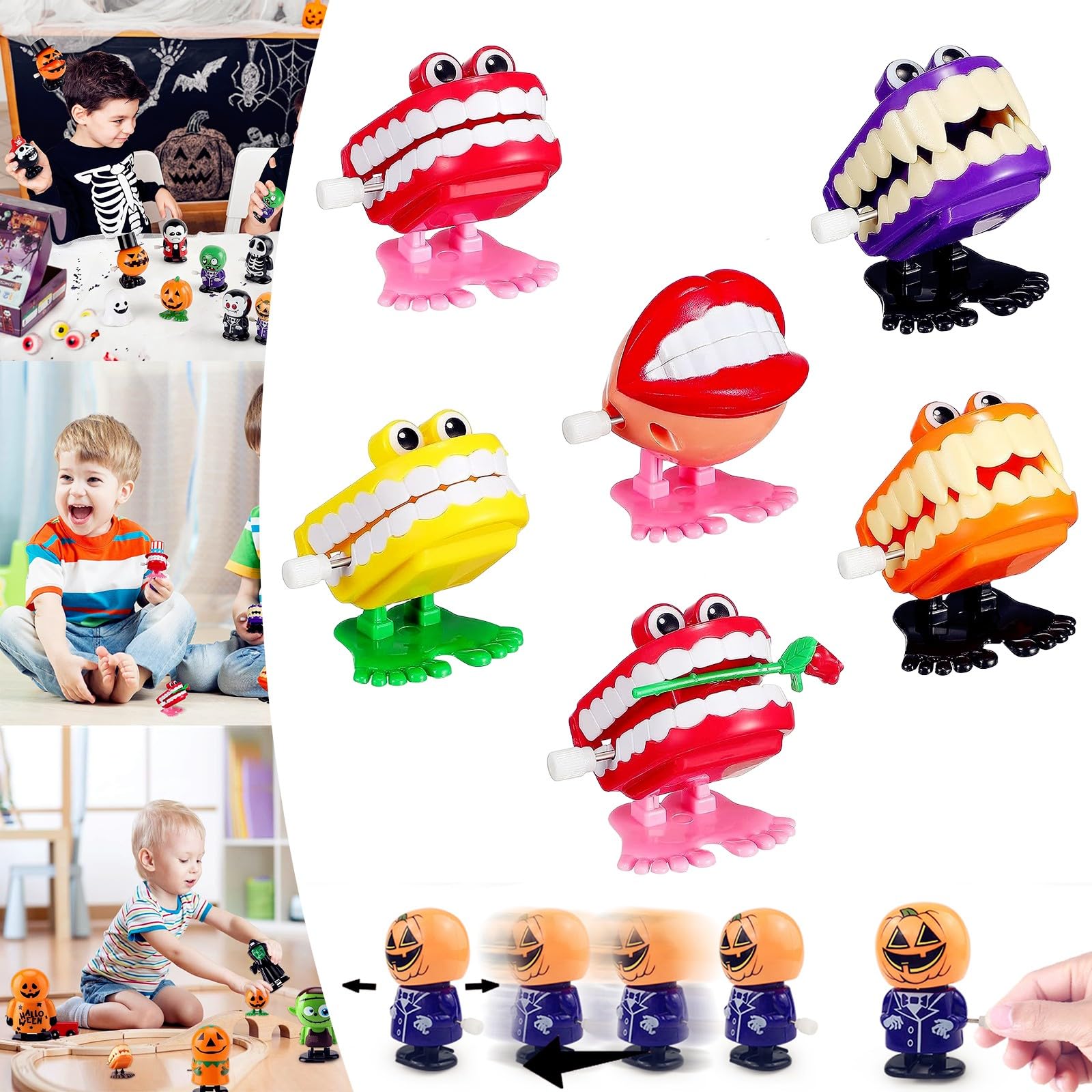 6Pcs Chattering Teeth Wind Up Toys for Kids, Funny Jumping Tooth Bucket, Popping Novelty Walking Clockwork Toy for Trick and Treat Goody Bag Fillers, Halloween Party
