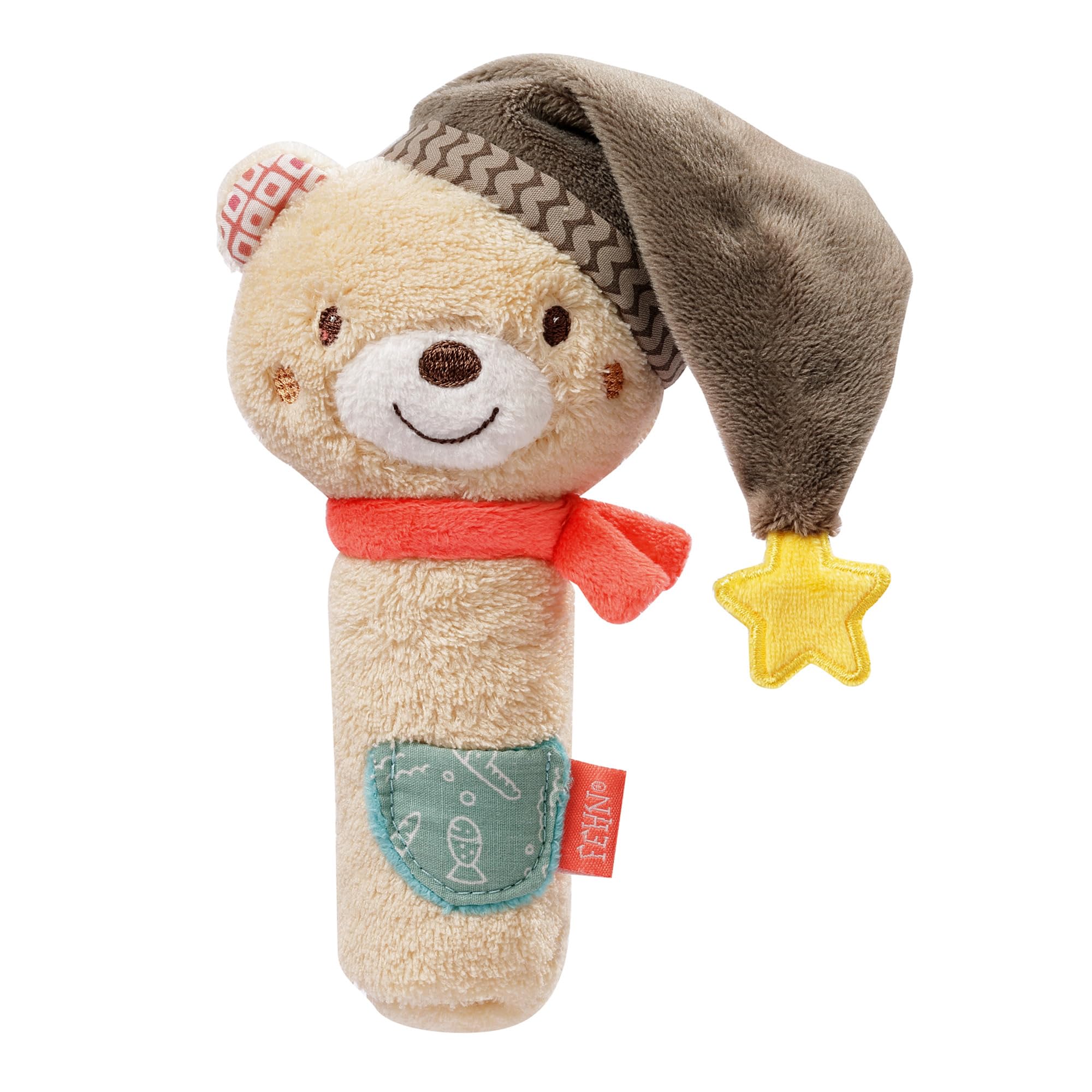 Fehn 060478 Gripping Rod Bear – Soft Toy Companion with Rattle and Squeaker – For Babies and Toddlers from Newborns Onwards – Size: 16 cm