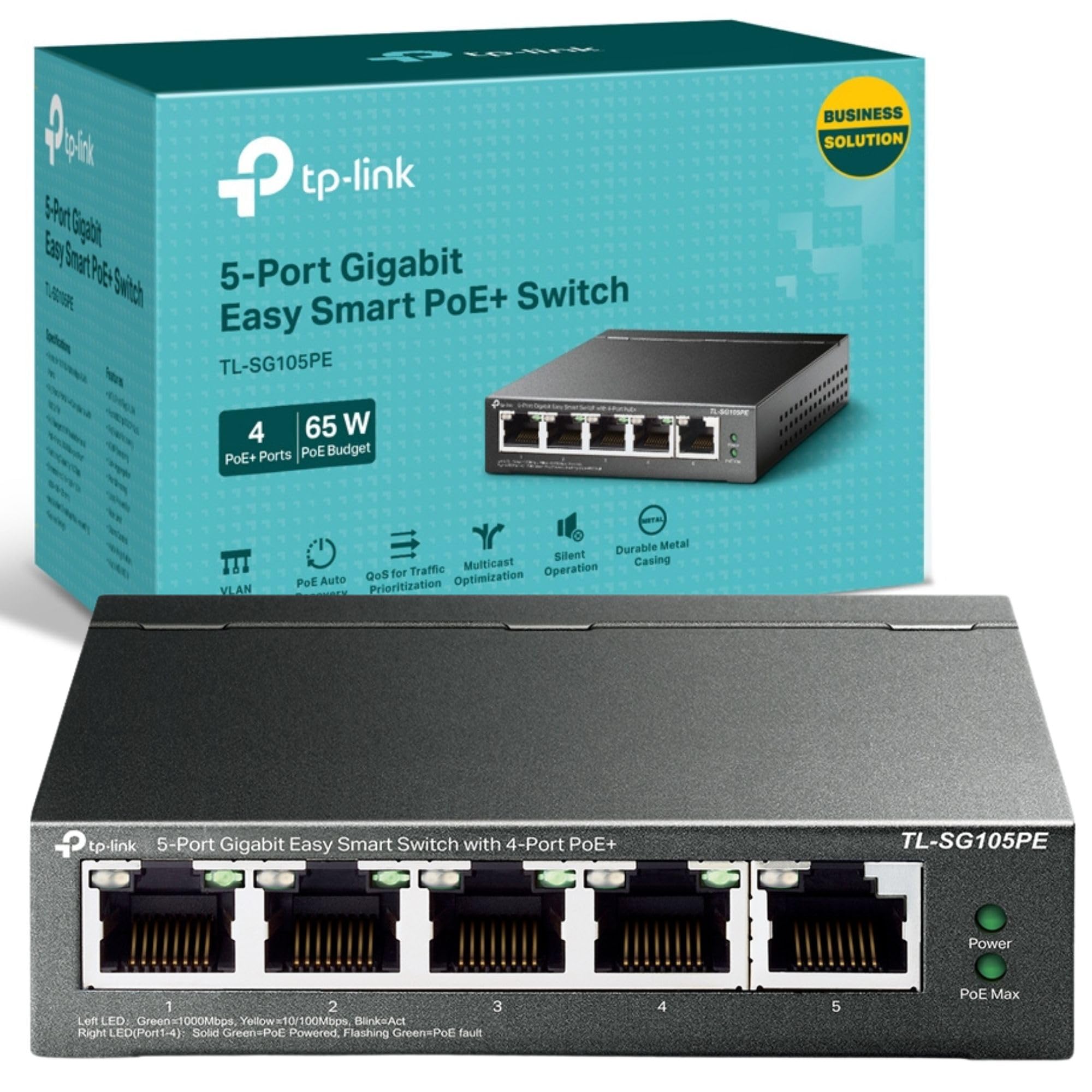 TP-Link TL-SG105PE Managed 5-Port Gigabit PoE Network Switch, 4 Port PoE+ Ethernet Splitter Extenders up to 65W Power Budget, Support Network Monitoring, Traffic Prioritization, Auto Recovery, VLAN