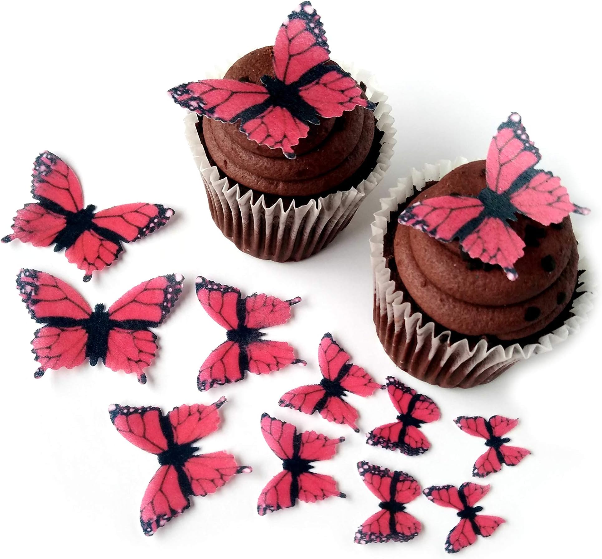 Assorted Pink Monarch Wafer Paper Butterflies 5 Different Sizes ranging from 7/8 Inch to 2 Inch for Decorating Desserts Cupcakes Wedding Cakes Pack of 12