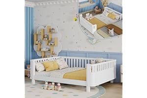 Duxelifin Full Size Kid Bed with Rails,Wooden Kids Day Bed with Detachable Safety Rails and Rounded Corners, Montessori Bed Frame with Headboard,Full Size Bed Frame for Kids Girls (White)