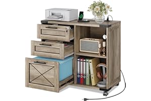 DEVAISE Wood File Cabinet with Charging Station, Mobile Lateral Filing Cabinet with Lock for Home Office, Printer Stand with Open Storage Shelves, Gray Oak