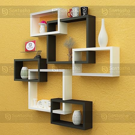 Santosha Decor Intersecting Floating Storage Decoration Wall Shelves (L-12.75x15.5x4-inch,S-6.5x11x4-inch) (Black White, SD4232)-Set of 6