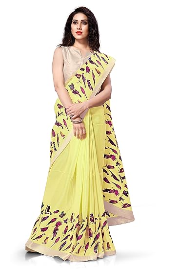 Womens Khadi Silk Birds Prints Saree With Blouse Piece (12781-Yellow)
