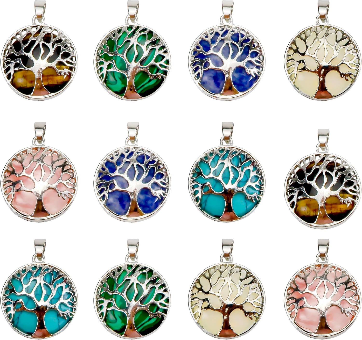 TOAOB 6 pcs 27 mm Tree of Life Charms Natural Gemstone Pendant for Jewellery Making Mixed Colors Metal Frame Hollow Round Charms for DIY Necklace Bracelet Earring Craft Supplies - Image 5