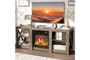 VINGLI Fireplace TV Stand for up to 70 inch TVs, Farmhouse Entertainment Center with Electric Fireplace Heater & Adjustable Shelves, Fireplace Media Console Table for Living Room, Gray Oak