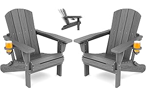 SERWALL Folding Adirondack Chair Set of 2, Adjustable Adirondack Chair with 3 Recline Positions, All Weather HDPE Outdoor Adirondack with Cup Holders, Gray