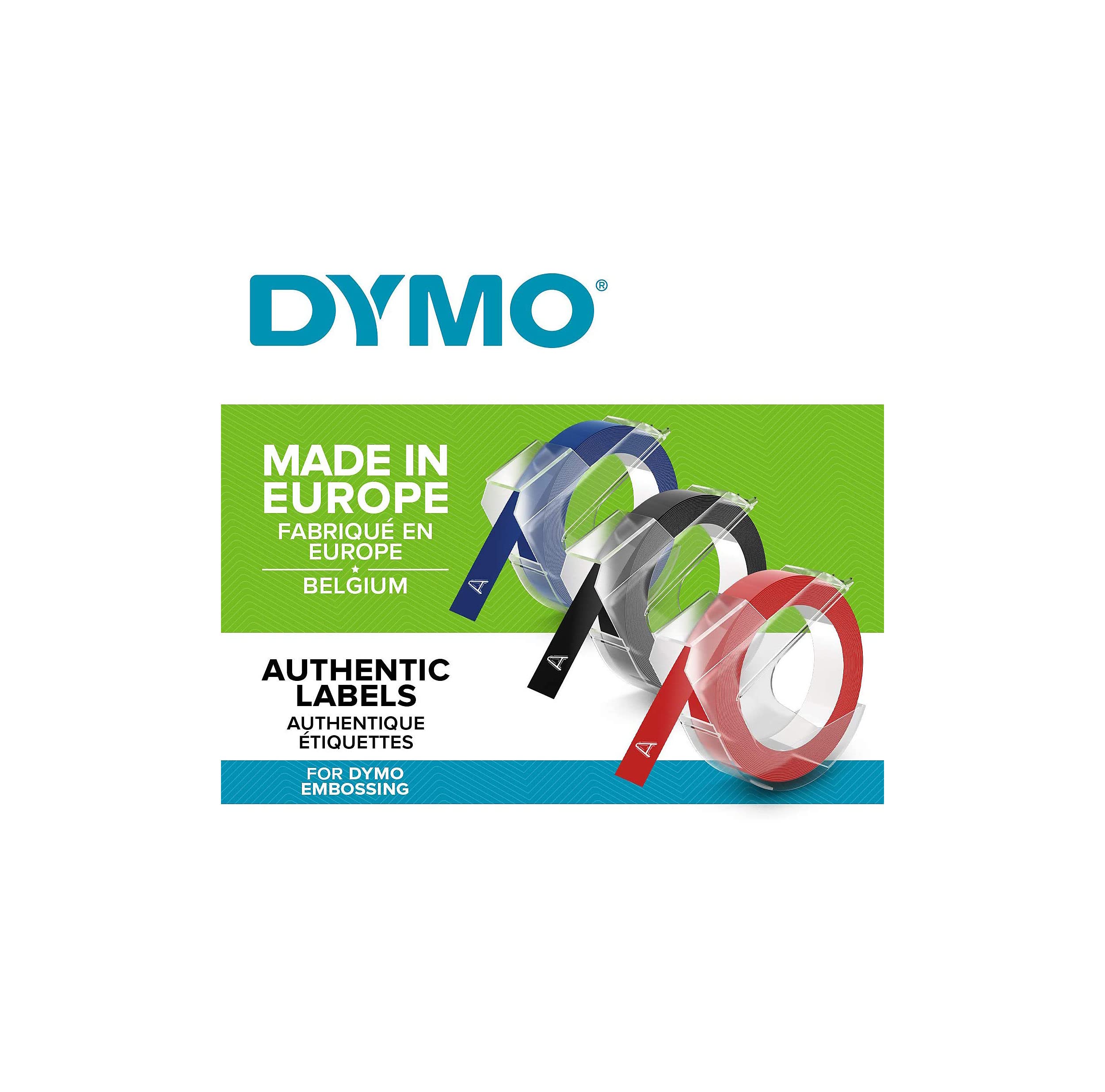 DYMO Authentic Embossing Labels | 9mm x 3m | Black, Blue & Red Self-Adhesive Labelling Tape | for Embossing Label Makers | 3 Count | Made in Europe