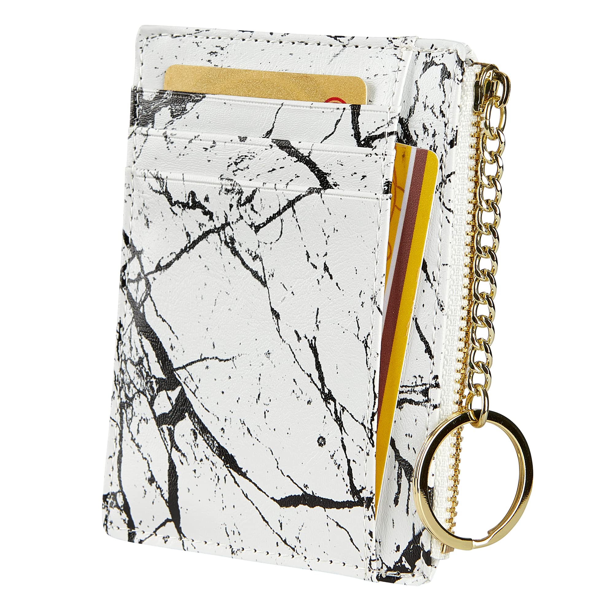 Cynure Women's 8 Cards Slim Minimalist Card Holder Coin Changes Purse Keychain Front Pocket Wallet, Marble White