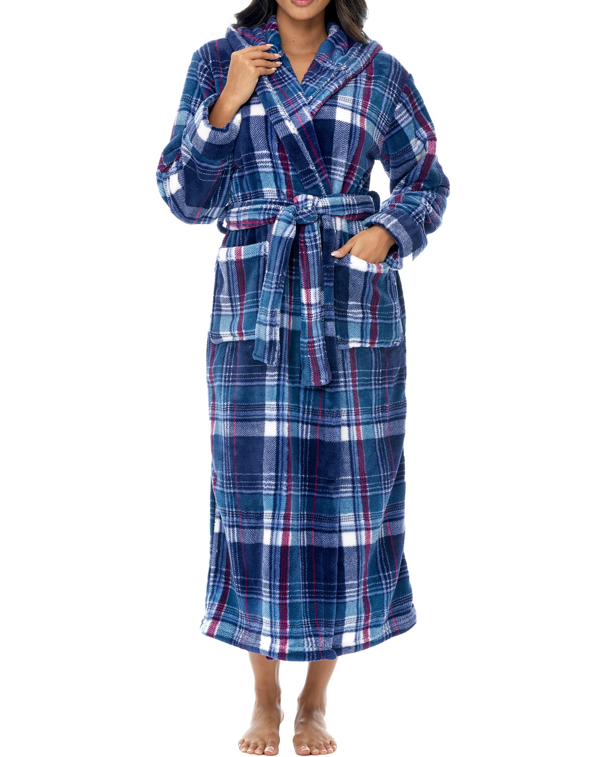 Alexander Del Rossa Womens Robe, Long Plush Bathrobe with Hood, Hooded Robes for Women Plus Size Bath Robe, Purple Tartan Plaid, X-Large Image