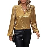 Floerns Women's Lantern Long Sleeve Notched Neck Metallic Party Blouse Top