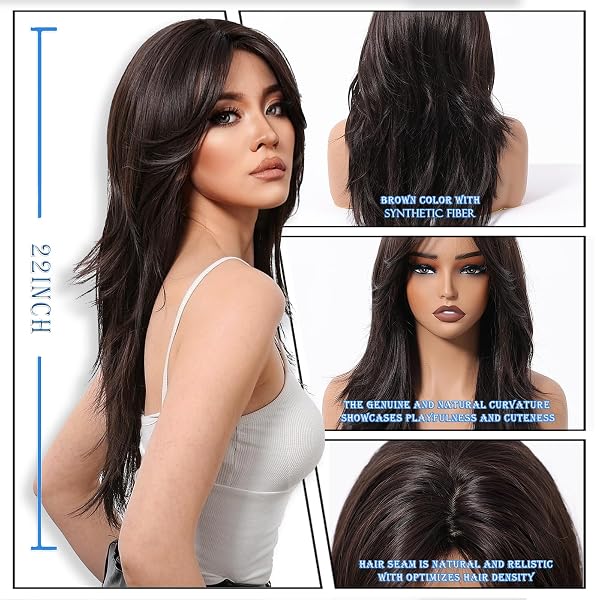 LONG STRAIGHT BROWN WIG WITH BANGS BROWN LAYERED WIG FOR WHITE WOMEN 22 INCHES BRUNETTE WIGS FOR BLACK WOMEN MEDIUM LENGTH WIGS SYNTHETIC NATURAL LOOKING HAIR REPLACEMENT WIGS FOR DAILY PARTY USE