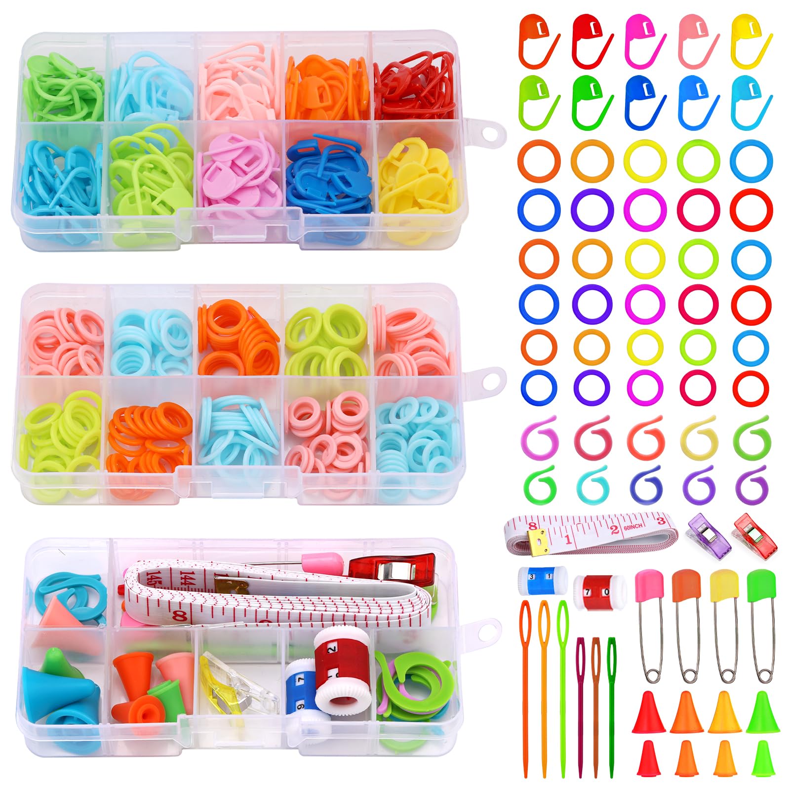 Doxiru 381 Pcs Stitch Markers for Crochet Knitting, Weaving Tools Knitting Kits Ring Markers Colorful Knitting Crochet Locking Counter Stitch Needle Clips with 3 Storage Boxes for Beginners Adults