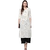 Janasya Indian Women's Cotton Off White Foil Print Casual Wear Kurta for Women
