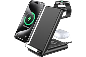 QKXC Wireless Charging Station,3 in 1 Charging Stand Made for Apple Watch Ultra 11 10 9 8 7 6 SE 5 4 3,Fast Wireless Charger Made for iPhone 17/Air/16/15/14/13/12,for AirPods Pro(with Adapter) (Black)