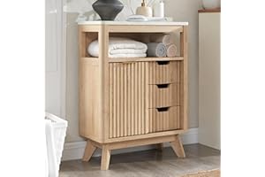 RedLemon Bathroom Floor Cabinet with Sliding Door, Modern Fluted 3 Drawers Storage Organizer w/Adjustable Shelf and Faux Marble Top, Curved Profile Design, Natural Oak Color