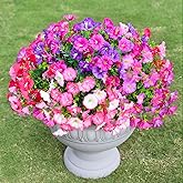 7 Color Mix Artificial Flowers for Outdoor, Fake Flowers Faux Plants for Outside Indoor, Summer Decor Morning Glory Petunia UV Resistant, for Garden Porch Window Box Home Planters (Pink Purlpe)