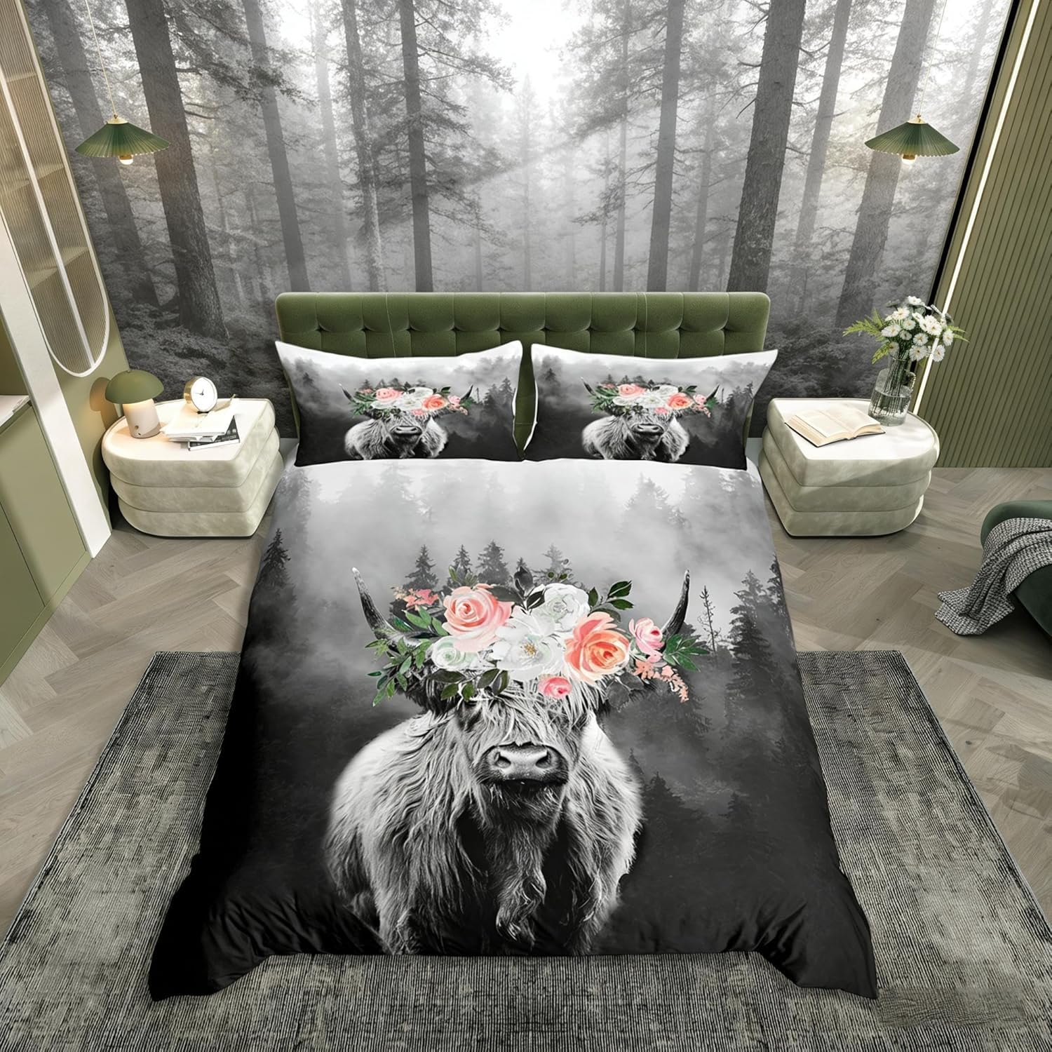 Loussiesd Highland Cow Duvet Cover Bull Cattle Floral Bedding Set Western Farmhouse Animal Comforter Cover for Boys Girls Kids Misty Nature Room Decor Foggy Woodland Bedspread Cover Single Size