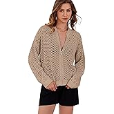HOCANDY Womens Zip Up Crochet Cardigan Sweater Oversized Long Sleeve Hollow Out Knit Bomber Jacket Fishnet Sweaters
