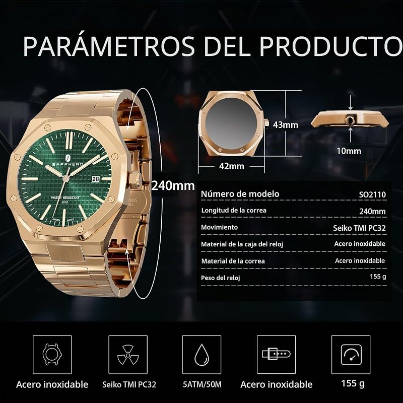 Reloj Hombre Elegante | Movimiento Cuarzo Función Luminosa Indicador de Fecha | Reloj de Moda Plata Oro para Hombre de Negocios y Uso Diario,Dorado-Verde — foto 5 de 8