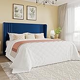 SHA CERLIN Queen Size Velvet Upholstered Platform Bed Frame with Vertical Channel Tufted Wingback Headboard, Wooden Slats Support, Easy Assembly, Under Bed Storage, No Box Spring Required, Blue