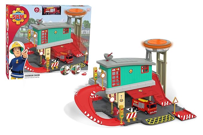 Dickie Toys 203097003 203097003-Feuerwehrmann Sam Fire Sation Feuerwehr-Spielset auf 2 Etagen mit Die-Cast-Fahrzeug + weitere