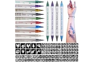 Betytattoo Temporary Tattoo Markers for Skin - Dual-End Tattoo Pens for Body & Face Art with 138 Tattoo Stencil Papers, 10 Pens Make Bold and Fine Lines, Cosmetic Quality(BETY2)