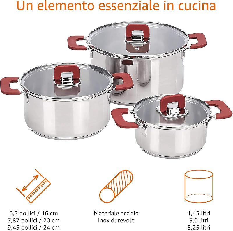 3 unità Batteria di Pentole a Induzione,16/20/24 cm, Acciaio inossidabile