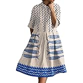 Epanus Women Boho Floral Print Pleated Linen Shirt Dress Short Sleeve Button A Line Swing Loose Summer Casual Beach Dress
