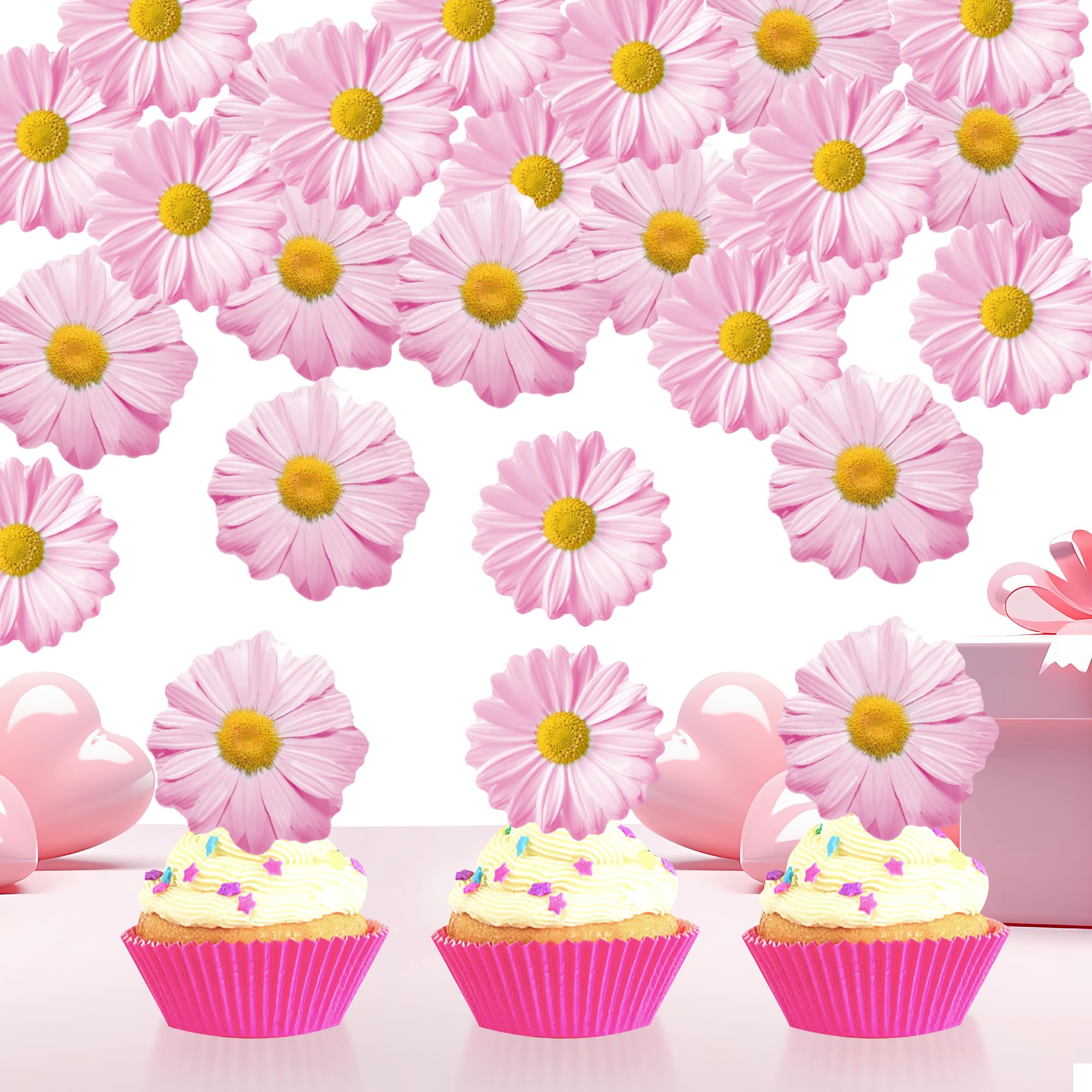 Photo 1 of 60Pcs Edible Daisy Cupcake Toppers Wafer Paper Flower Cake Topper Decorations Flower Chrysanthemum Party Decorations for Birthday Wedding Kids Birthday Party Supplies Pink