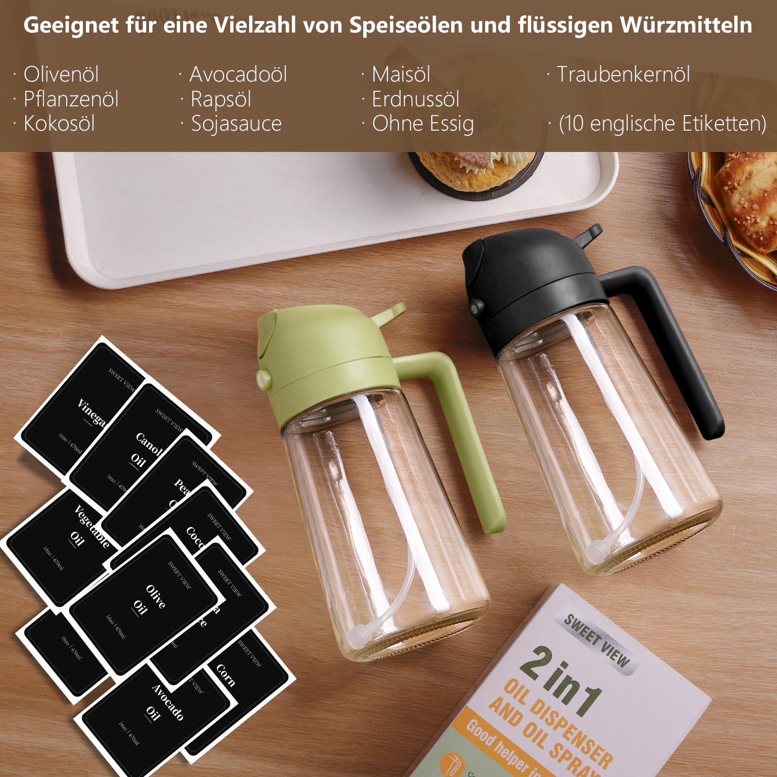 SWEET VIEW 2 in 1 Ölsprüher zum Kochen, 470ml Glasölflaschen/Olivenöl Sprühflasche für Salat, Grillen und Heißluftfritteuse (Schwarz) 7