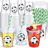 Jingmore 50 Sets Soccer Cups with Lids and Paper Straws Bulk for Party Decorations 12 oz Disposable Plastic Soccer Cups for Drinking Coffee Milkshake Beverage Football Birthday Party Supplies